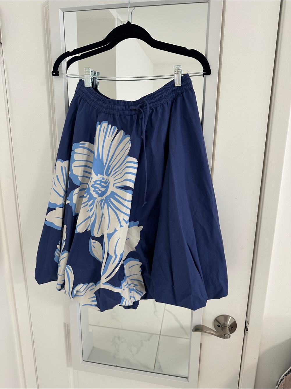 Anthropologie Navy Blue Skirt with Cream Floral Print
